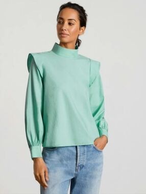NEW Everlane The Wing Shoulder Jade  Mockneck Ruffle Shoulder Long Sleeve Blouse